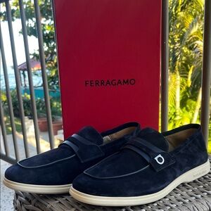 Salvatore Ferragamo Men's Dark Blue Suede Loafers